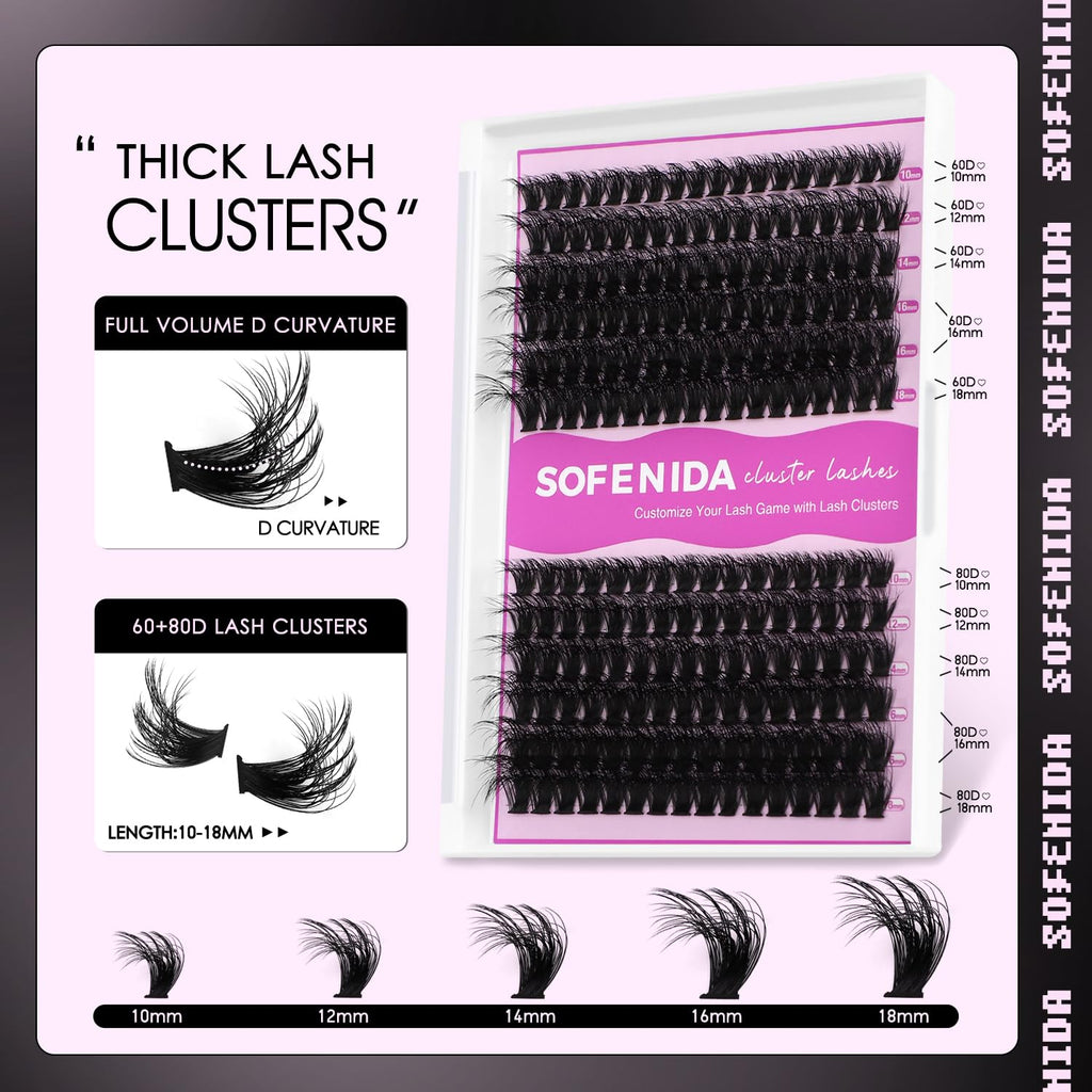 SOFENIDA Lash Clusters Kit 80D Lash Clusters Kit 10-18mm Volume Eyelash Clusters D Curly Cluster Eyelash Extensions 3D Wispy Lashes Cluster DIY Lash Extension Kit(80D-10-18MIX Thick Kit)