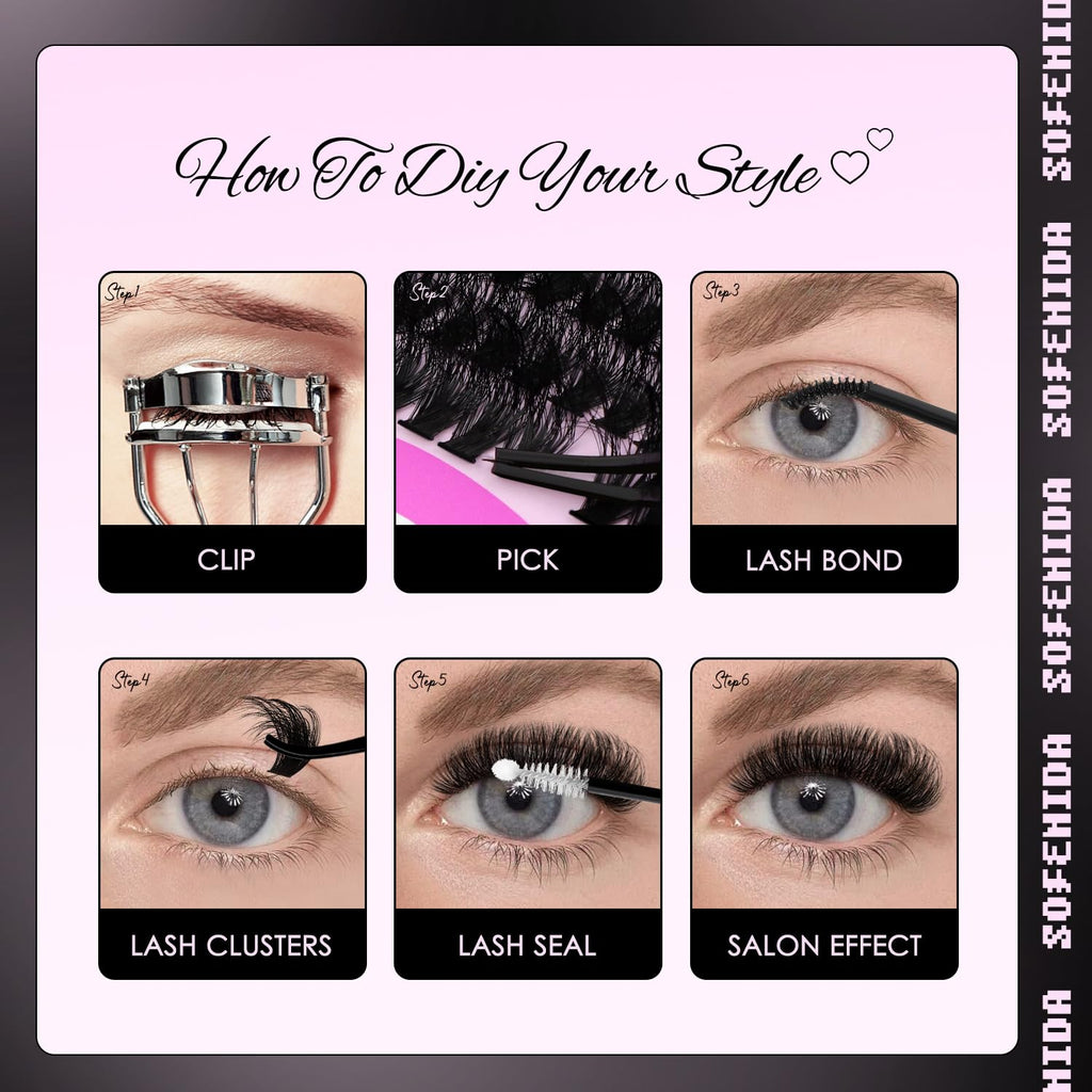 SOFENIDA Lash Clusters Kit 80D Lash Clusters Kit 10-18mm Volume Eyelash Clusters D Curly Cluster Eyelash Extensions 3D Wispy Lashes Cluster DIY Lash Extension Kit(80D-10-18MIX Thick Kit)