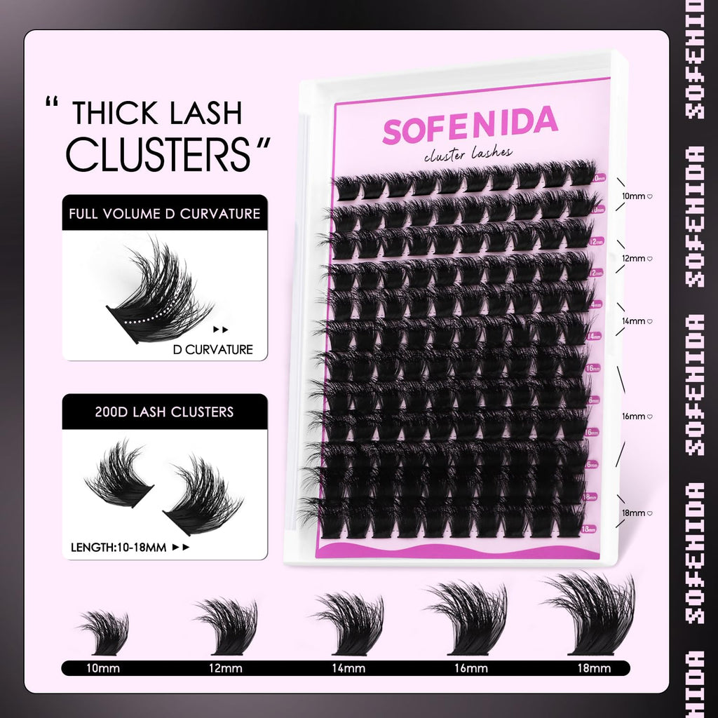 SOFENIDA Lash Clusters Kit 80D Lash Clusters Kit 10-18mm Volume Eyelash Clusters D Curly Cluster Eyelash Extensions 3D Wispy Lashes Cluster DIY Lash Extension Kit(80D-10-18MIX Thick Kit)