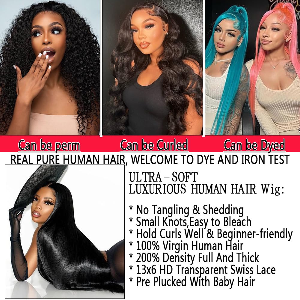 30 Inch 13x6 Lace Front Wigs Human Hair Pre Plucked 200 Density Straight Glueless Wig HD Transparent Human Hair Lace Front Wigs with Baby Hair Lace Front Wigs for Women