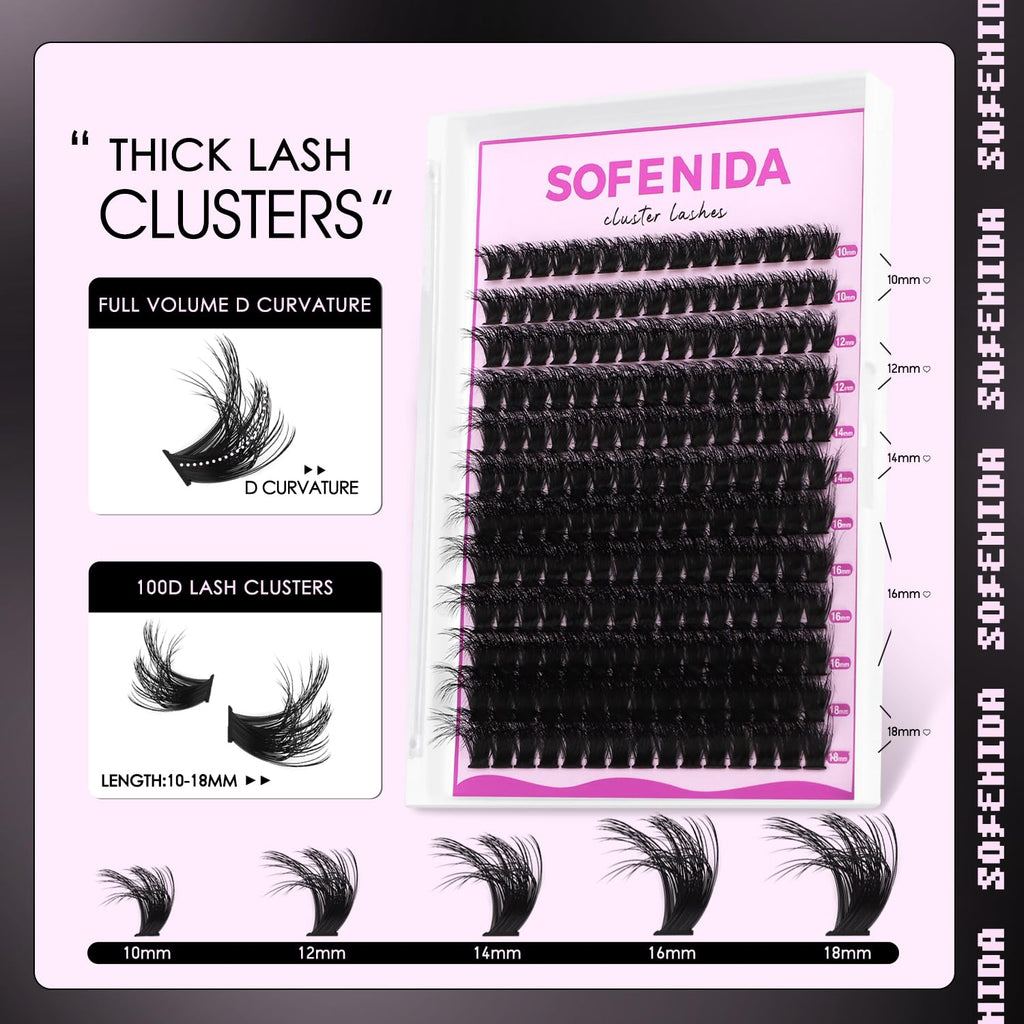 SOFENIDA Lash Clusters Kit 80D Lash Clusters Kit 10-18mm Volume Eyelash Clusters D Curly Cluster Eyelash Extensions 3D Wispy Lashes Cluster DIY Lash Extension Kit(80D-10-18MIX Thick Kit)