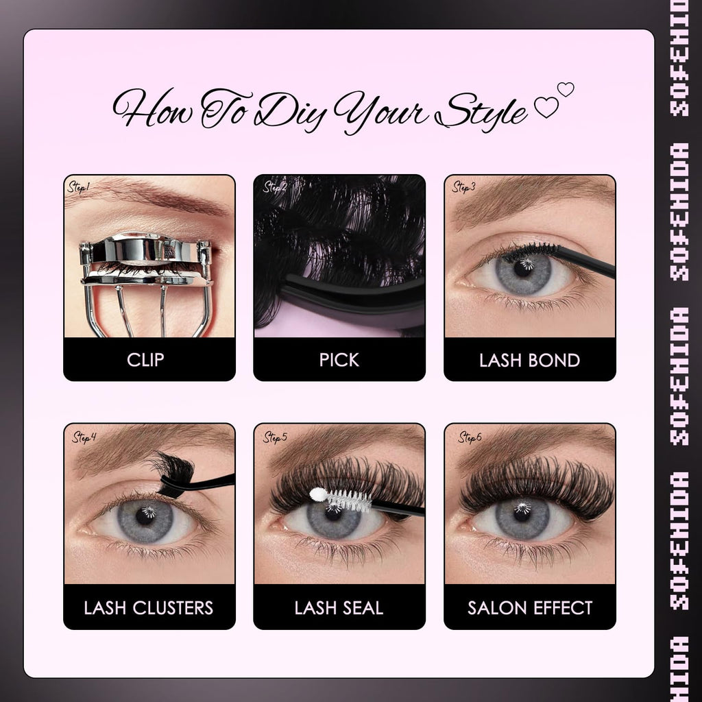 SOFENIDA Lash Clusters Kit 80D Lash Clusters Kit 10-18mm Volume Eyelash Clusters D Curly Cluster Eyelash Extensions 3D Wispy Lashes Cluster DIY Lash Extension Kit(80D-10-18MIX Thick Kit)