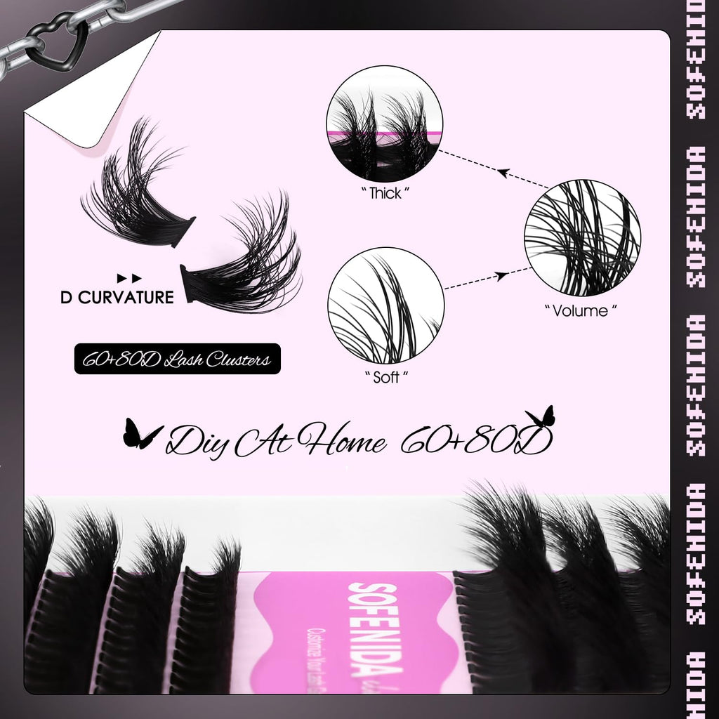 SOFENIDA Lash Clusters Kit 80D Lash Clusters Kit 10-18mm Volume Eyelash Clusters D Curly Cluster Eyelash Extensions 3D Wispy Lashes Cluster DIY Lash Extension Kit(80D-10-18MIX Thick Kit)