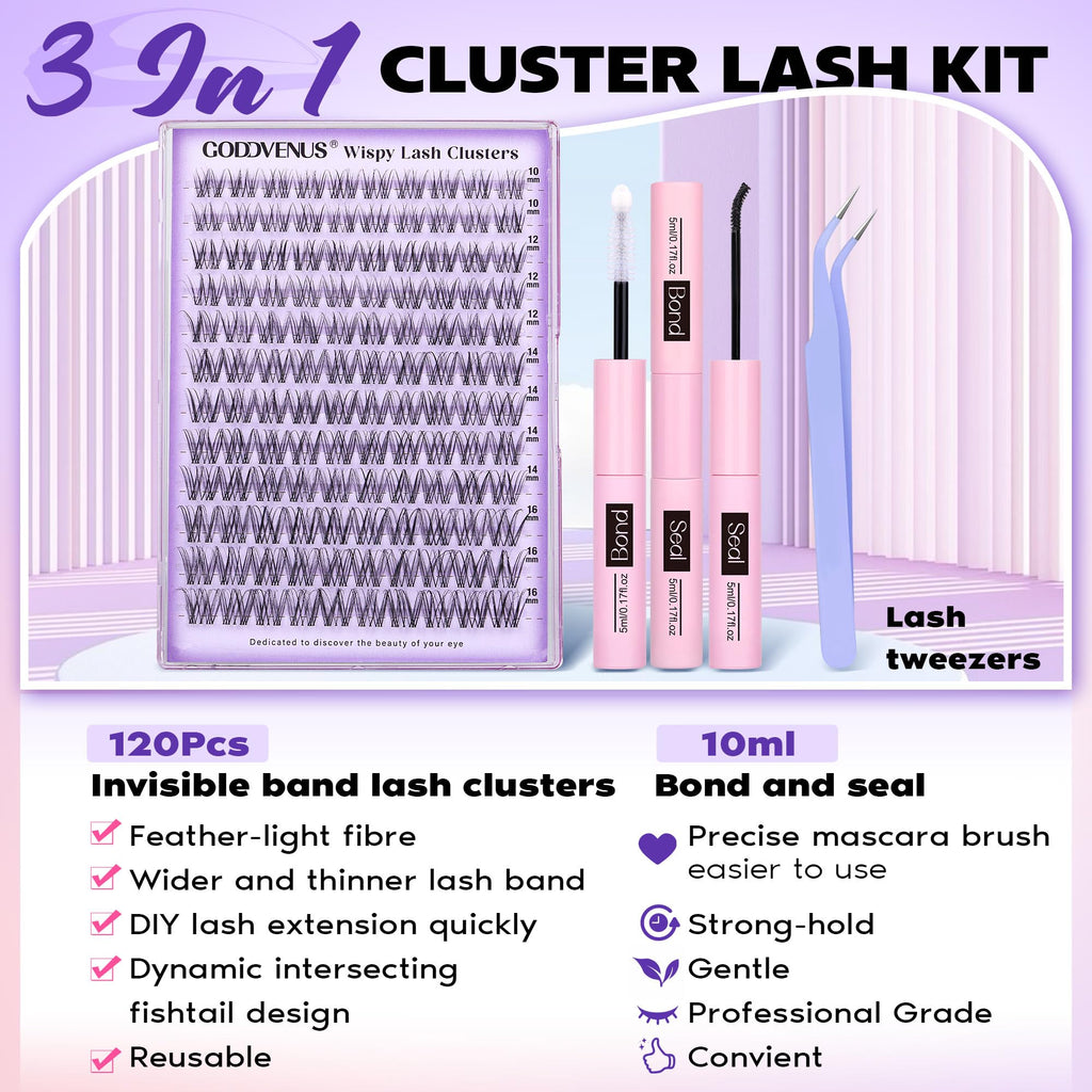 Goddvenus Lash Clusters Kit Wispy Eyelash Clusters Lashes Natural DIY Lash Extension Kit 10-16mm Cluster Eyelash Extensions Kit 300pcs C Curl Individual Lashes Cluster Eyelash (No Tweezers)
