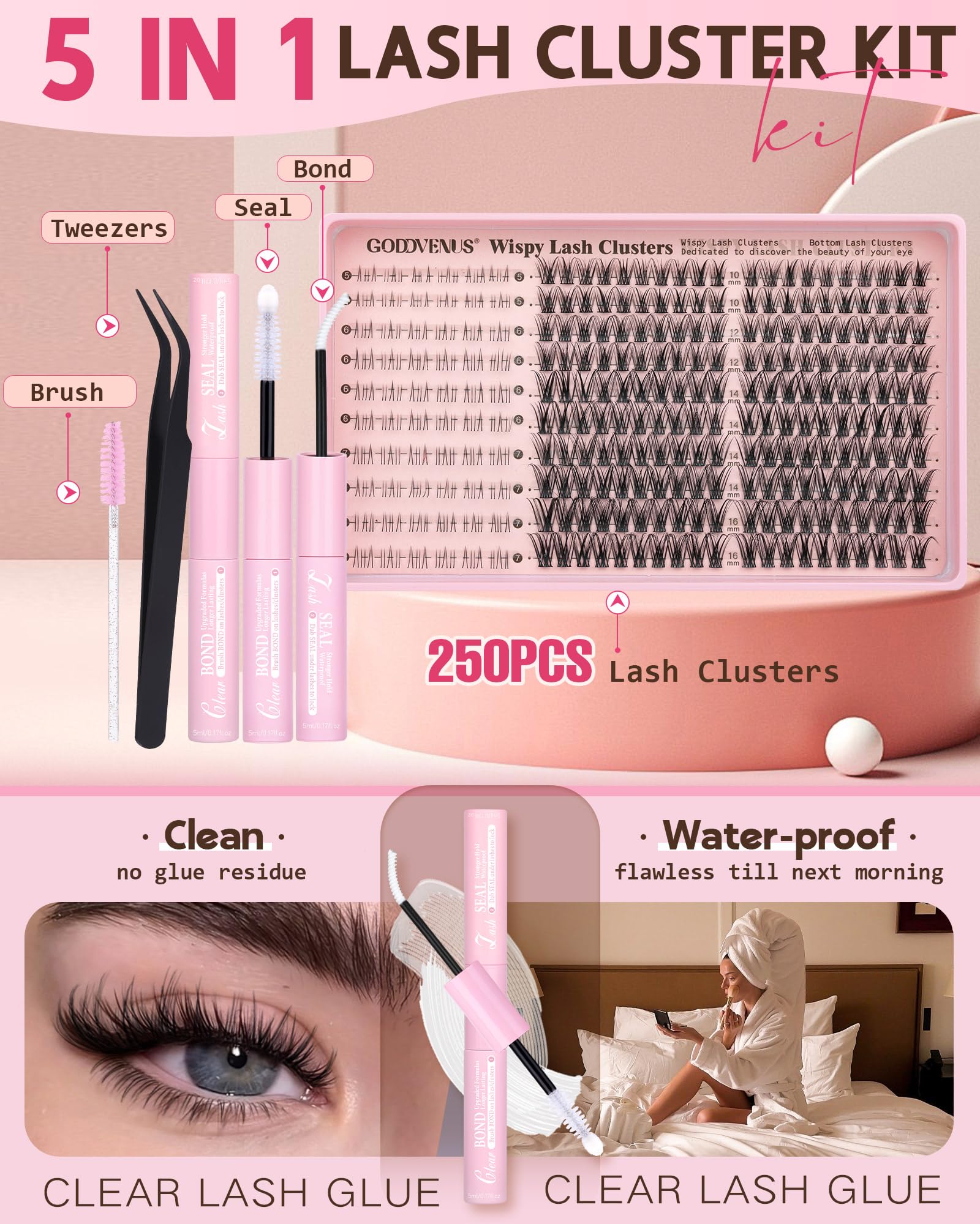 Goddvenus Lash Clusters Kit Wispy Eyelash Clusters Lashes Natural DIY Lash Extension Kit 10-16mm Cluster Eyelash Extensions Kit 300pcs C Curl Individual Lashes Cluster Eyelash (No Tweezers)
