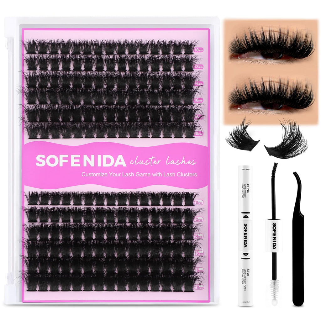 SOFENIDA Lash Clusters Kit 80D Lash Clusters Kit 10-18mm Volume Eyelash Clusters D Curly Cluster Eyelash Extensions 3D Wispy Lashes Cluster DIY Lash Extension Kit(80D-10-18MIX Thick Kit)