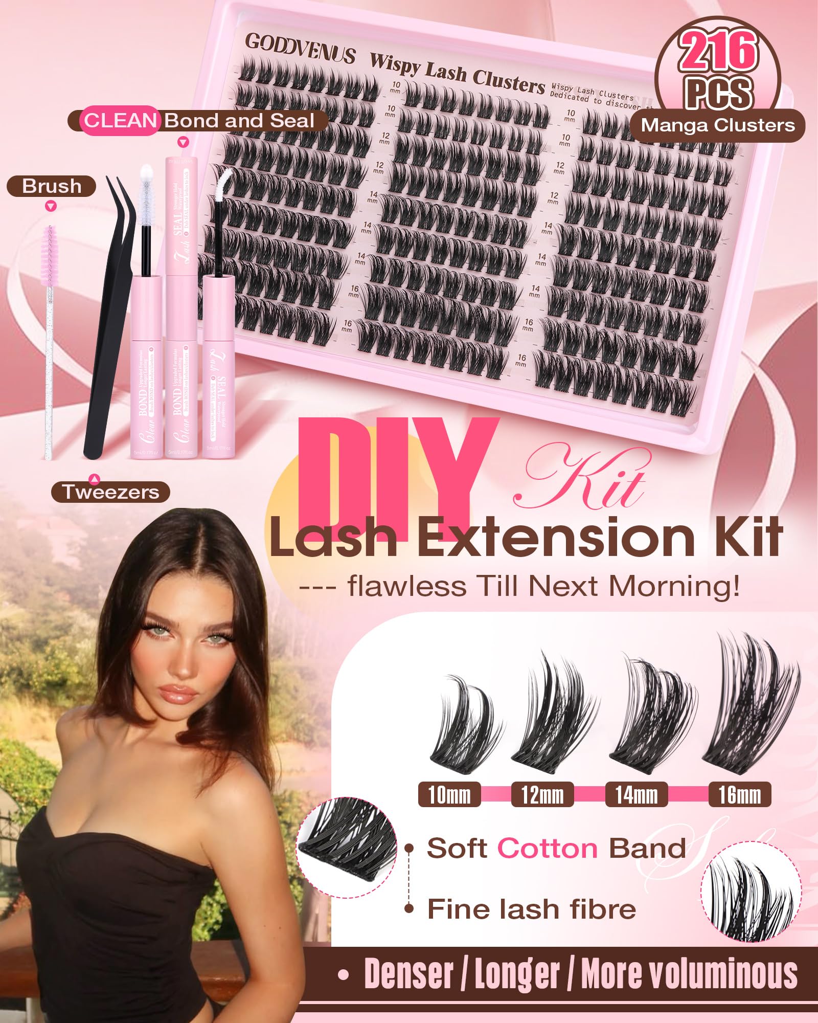 Goddvenus Lash Clusters Kit Wispy Eyelash Clusters Lashes Natural DIY Lash Extension Kit 10-16mm Cluster Eyelash Extensions Kit 300pcs C Curl Individual Lashes Cluster Eyelash (No Tweezers)