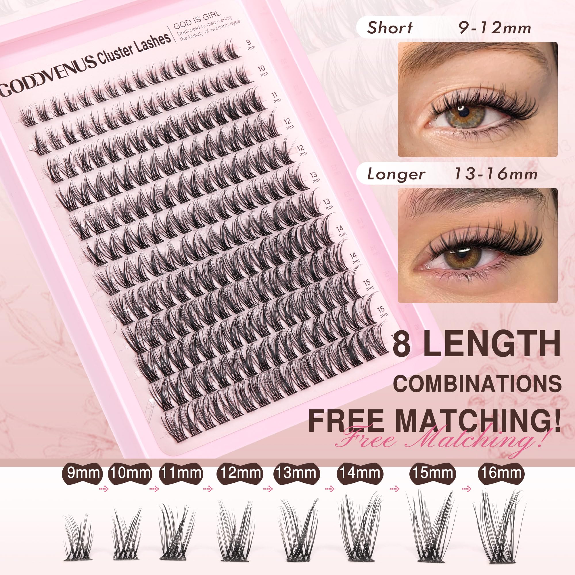 Goddvenus Lash Clusters Kit Wispy Eyelash Clusters Lashes Natural DIY Lash Extension Kit 10-16mm Cluster Eyelash Extensions Kit 300pcs C Curl Individual Lashes Cluster Eyelash (No Tweezers)