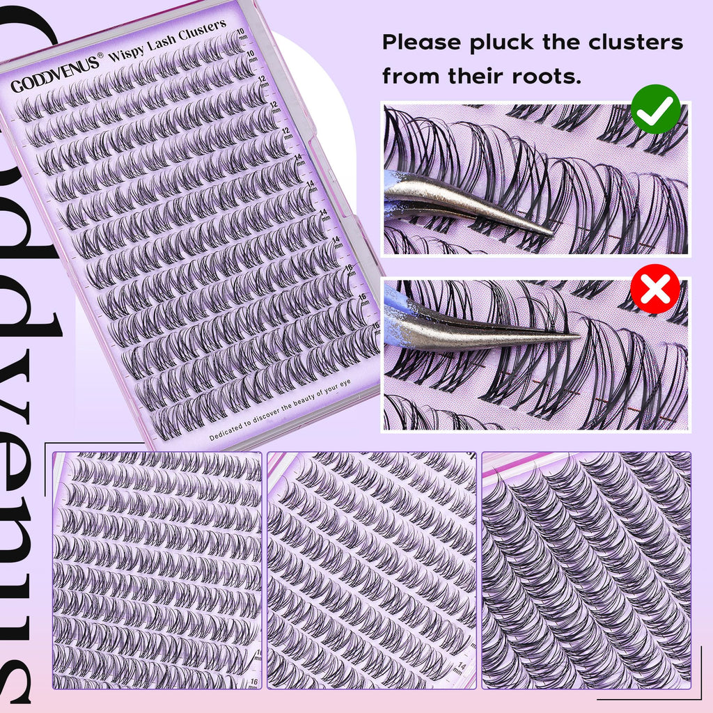 Goddvenus Lash Clusters Kit Wispy Eyelash Clusters Lashes Natural DIY Lash Extension Kit 10-16mm Cluster Eyelash Extensions Kit 300pcs C Curl Individual Lashes Cluster Eyelash (No Tweezers)