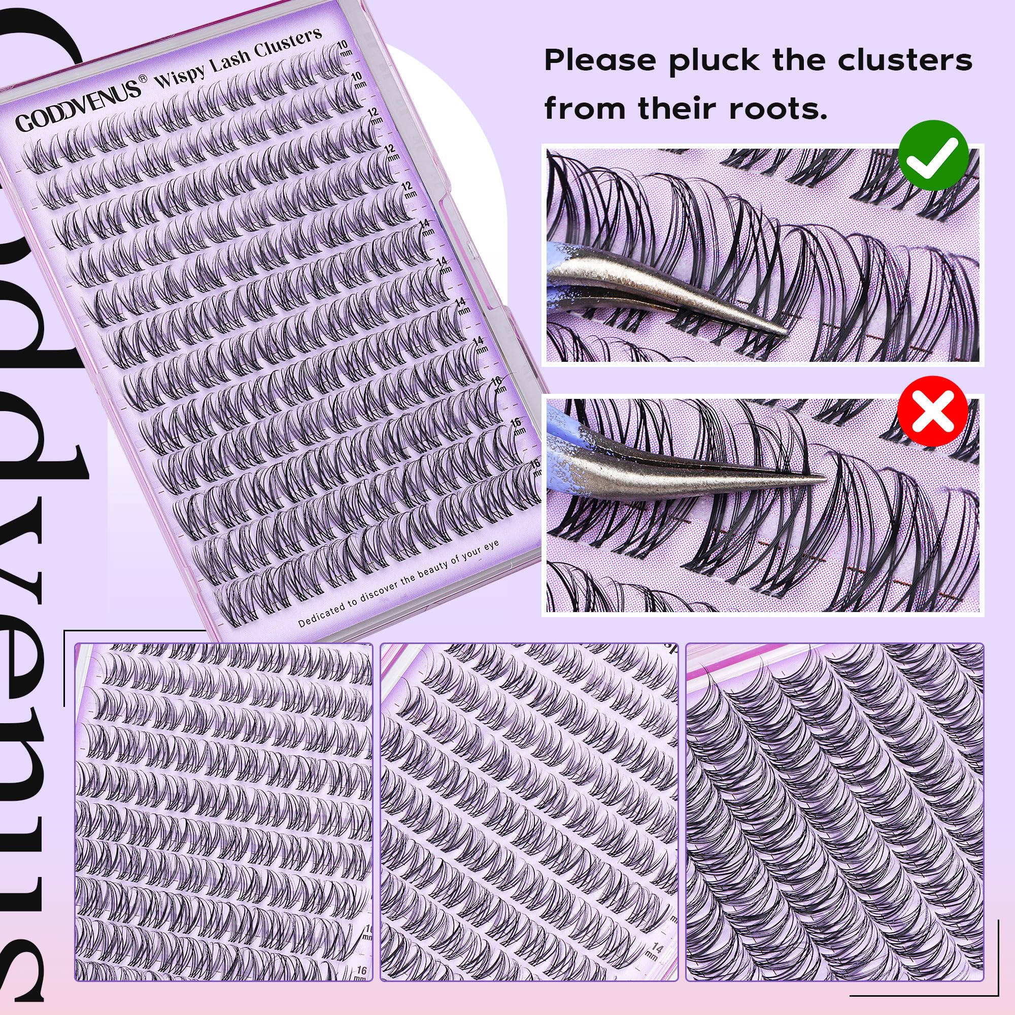 Goddvenus Lash Clusters Kit Wispy Eyelash Clusters Lashes Natural DIY Lash Extension Kit 10-16mm Cluster Eyelash Extensions Kit 300pcs C Curl Individual Lashes Cluster Eyelash (No Tweezers)